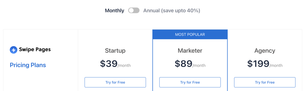 Pricing Plans Swipe pages