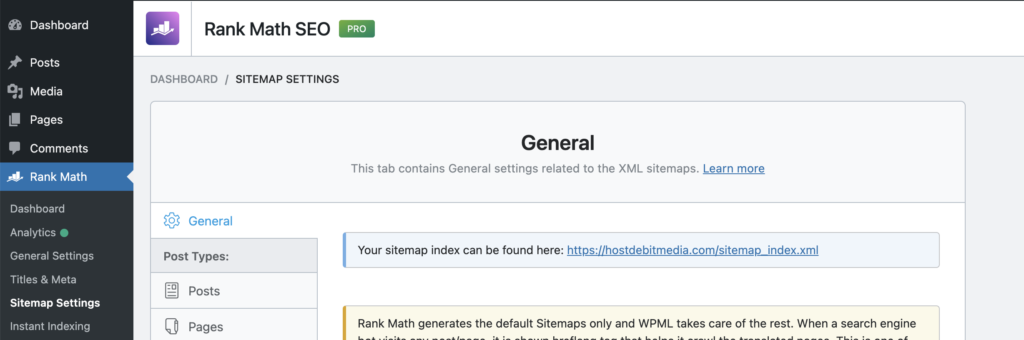 Rank Math SEO xml sitemap settings