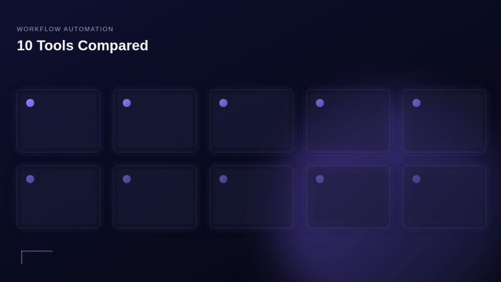 Workflow automation tools compared shown as a grid of 10 tool cards on a dark purple background